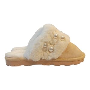 $79 NWT LAUREN LORRAINE Callie Faux Fur Pearl Embellished Slippers